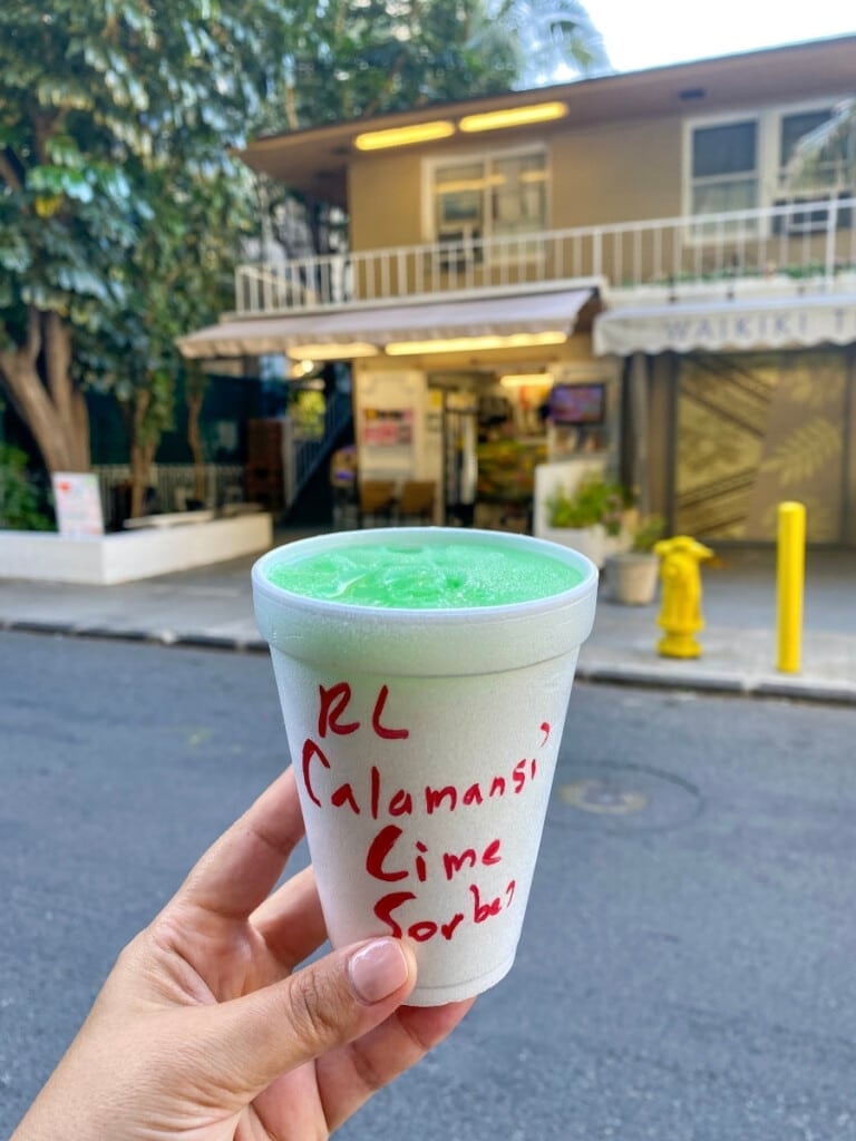 A cup of calamansi lime sorbet from Henryʻs Place on Beach Walk in Waikīkī
