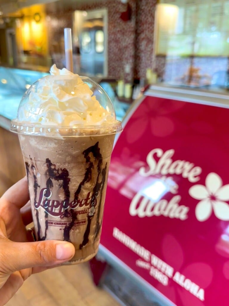 An ice chocolate and coffee frappe-style drink from Lappert's Hawaiʻi, ice cream store at the Hilton Hawaiian Village in Waikīkī