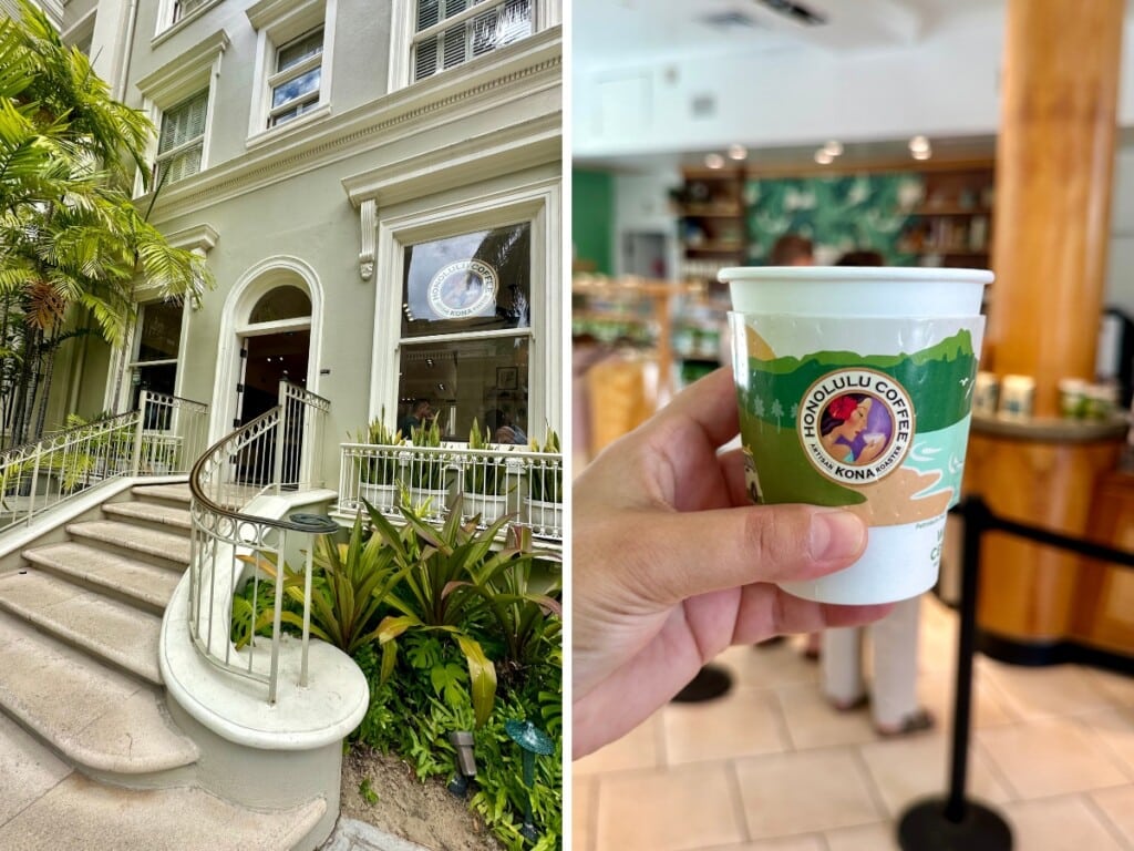Left: The staircase entrance to the Honolulu Coffee Co. shop at Moana Surfrider in Waikīkī. Right: A cup of Honolulu Coffee.