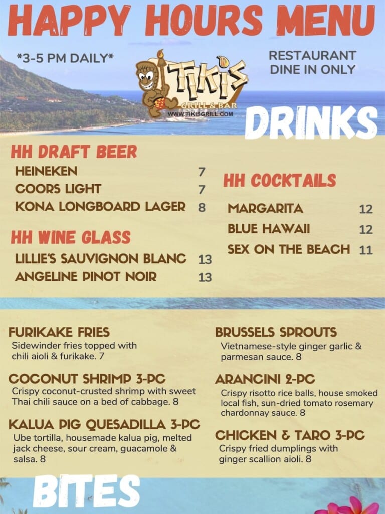 The Happy Hour menu off the Tiki's Grill & Bar website.