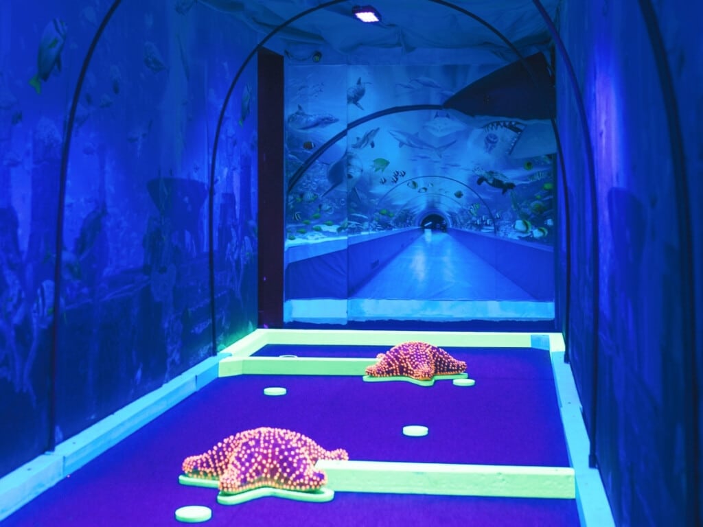 Glow Putt Mini Golf with glow in the dark under the sea themed mini golf course.