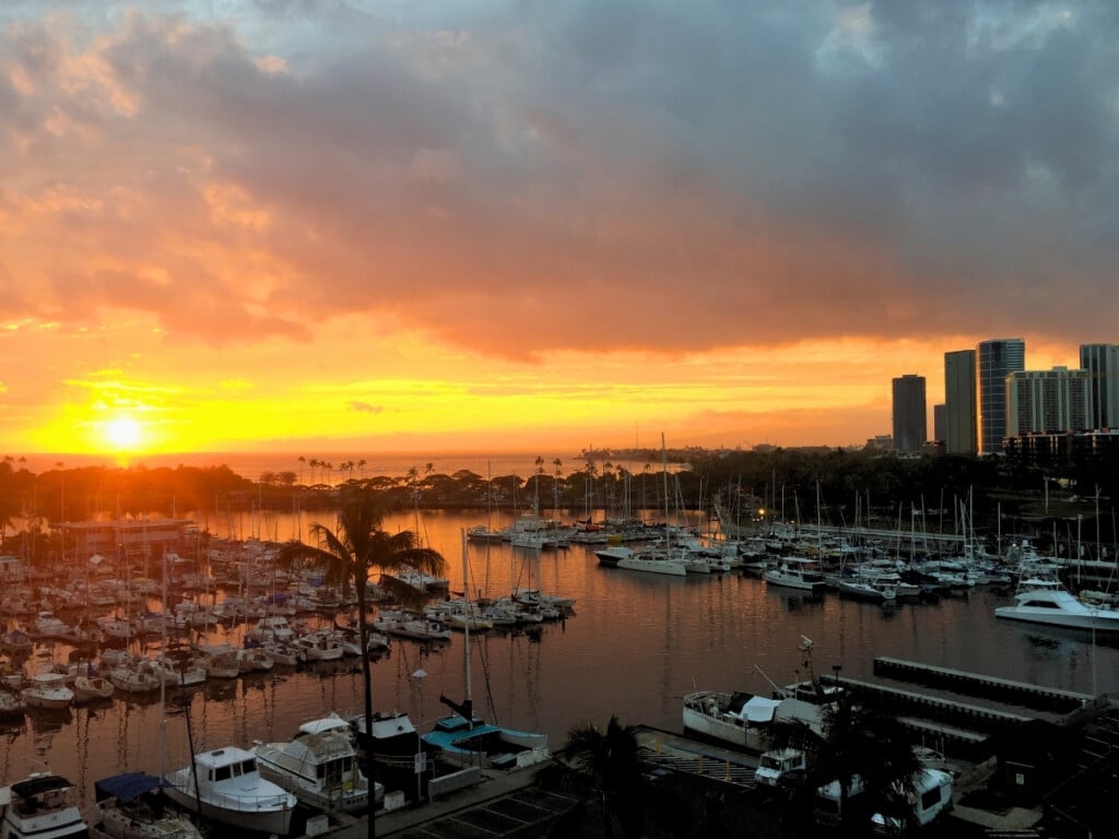 Sunset over Ala Wai Boat Harbor from Prince Waikiki.