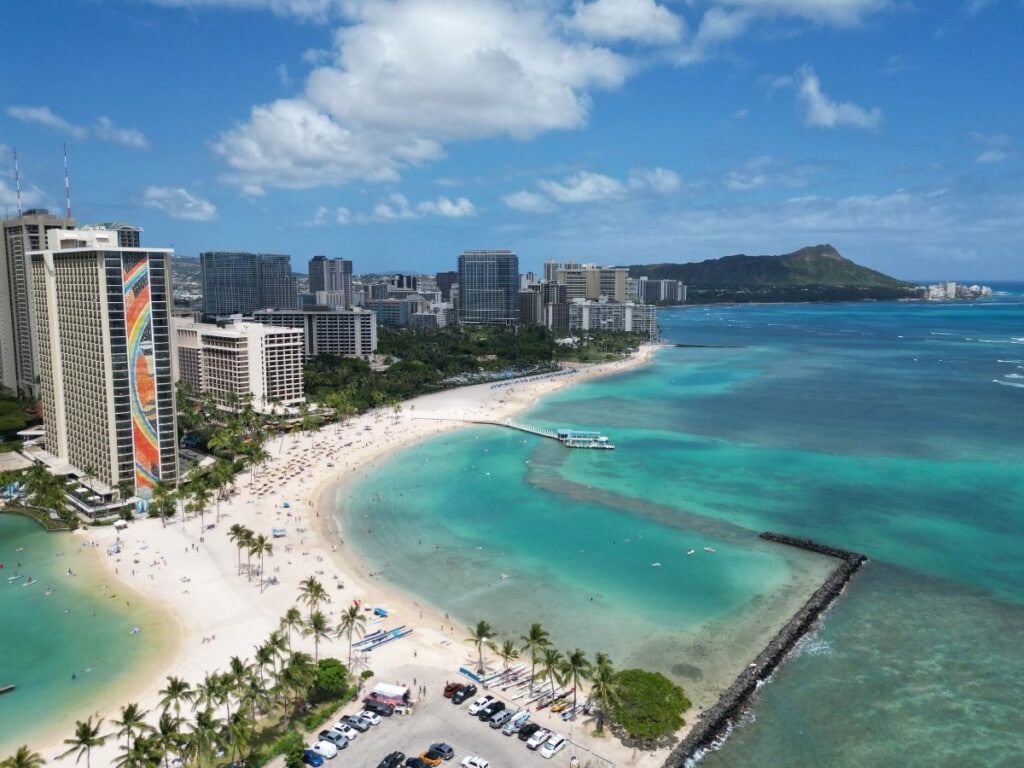 An aerial view of Duke Kahanamoku Beach.