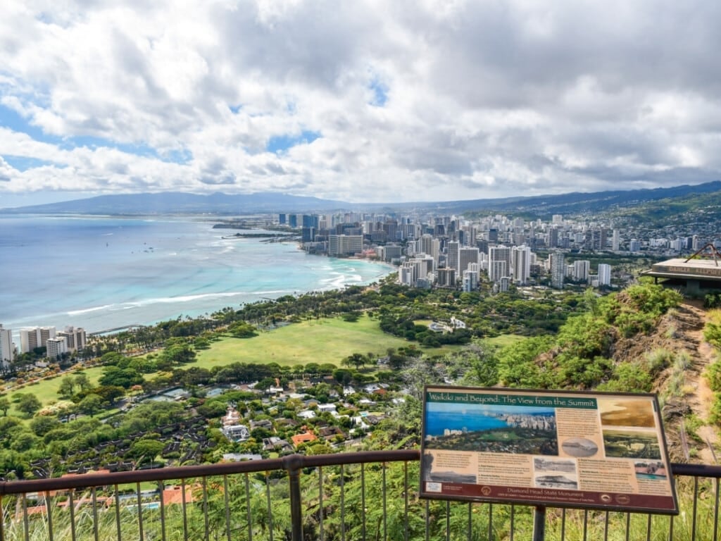 Panoramic views from Diamond Head Summit. With a view of Waikīkī's cityscape.