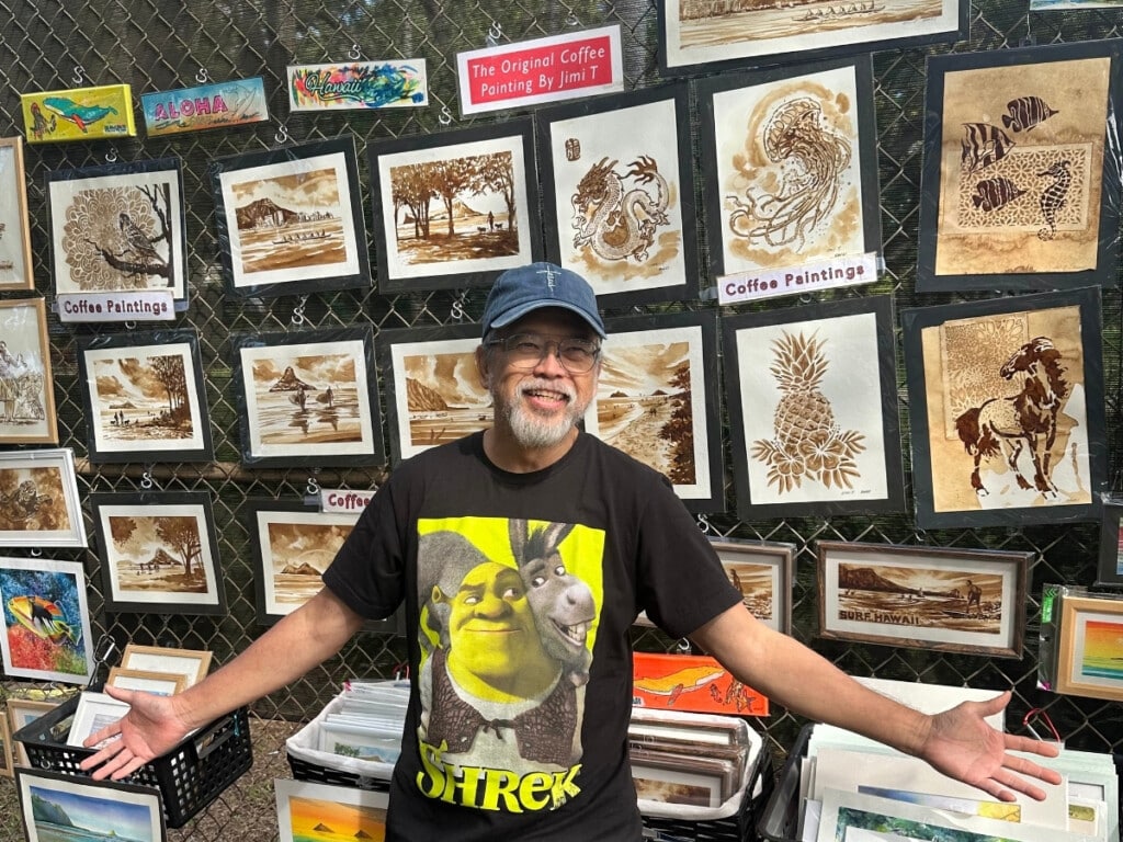 The Original Coffee Painting art work stand by Jimi T at Art on the Zoo in Waikīkī, a free event in Honolulu.