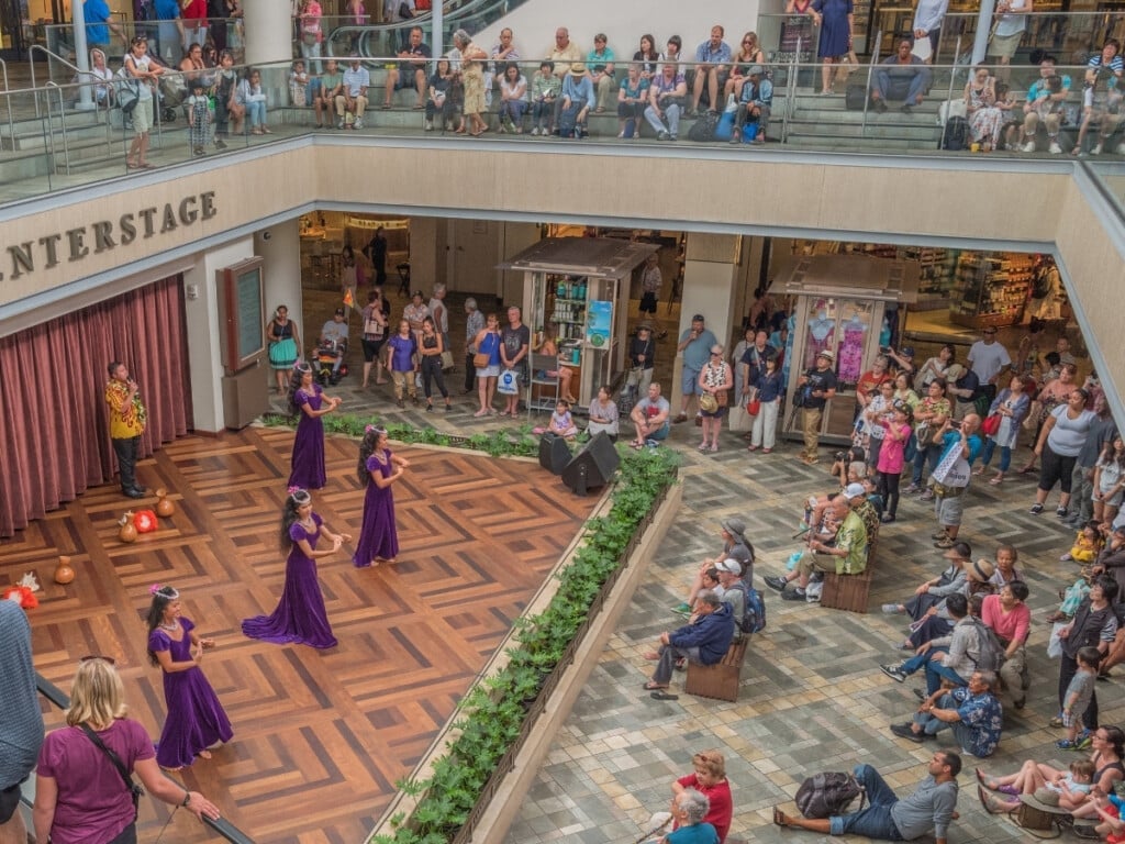Overhead shot of the Daily Hula Show at Ala Moana Centrestage at Ala Moana Center.