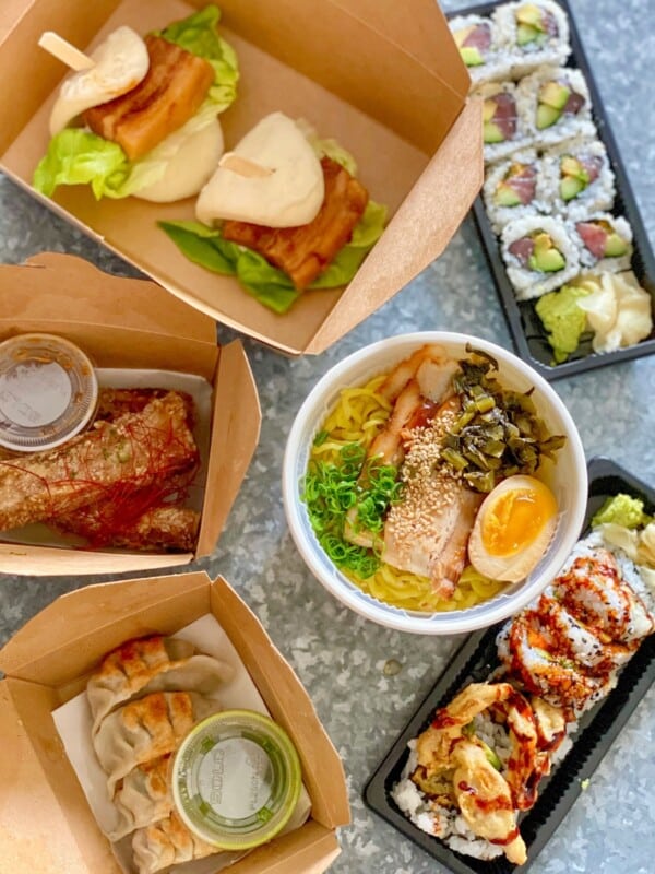 A delicious spread of meals from Momosan Waikiki home delivered.