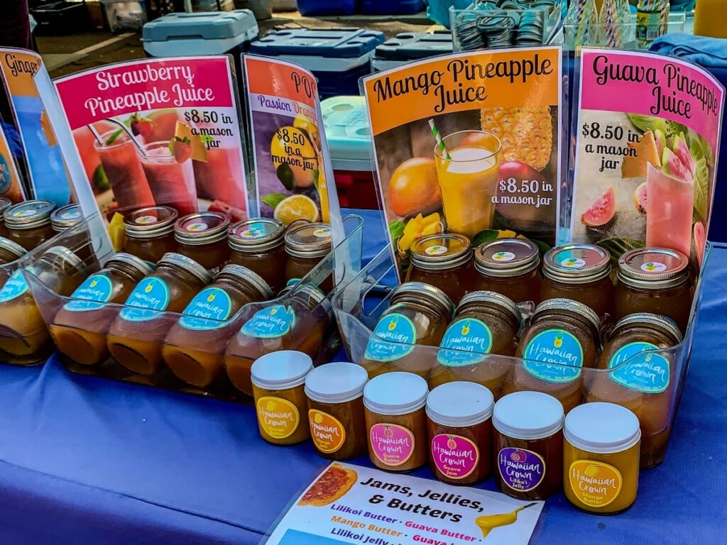 Jars of fresh fruit juice, jams and jellies on display at a stall in KCC Farmers Markets.