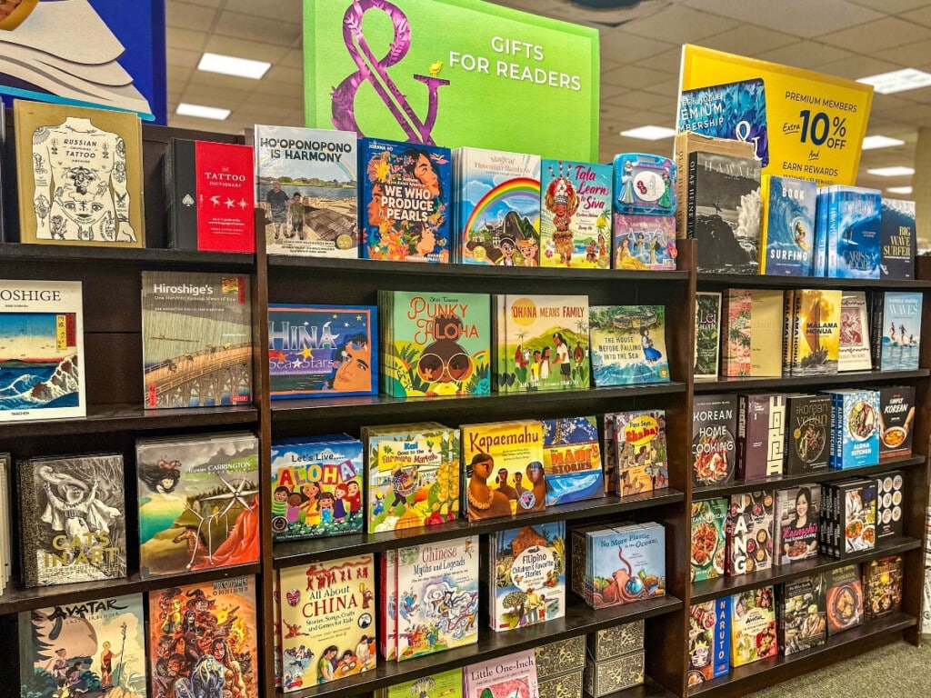 Colorful display of books at Barnes & Noble book shop in Waikīkī.