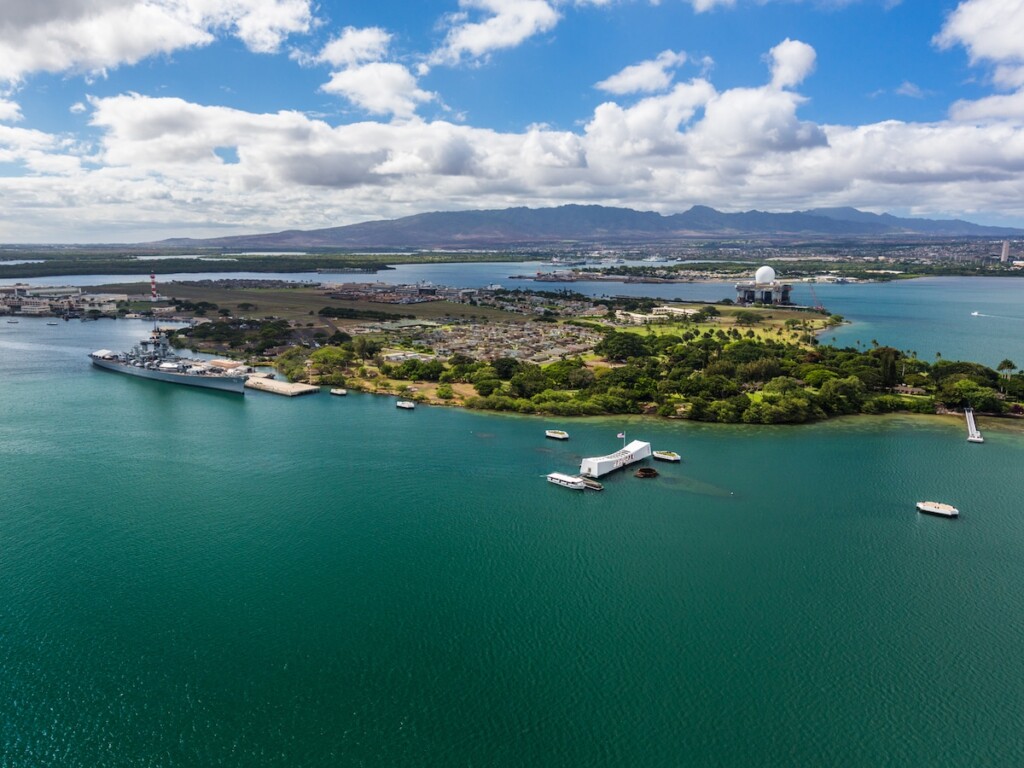 Aerial of Pearl Harbor & USS Arizona Memorial, Oʻahu