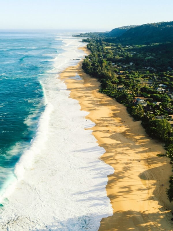 Aerial view of O‘ahu's North Shore which is lined with greenery and mountains in the distance.