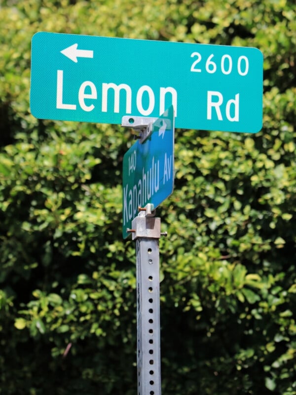 The Lemon Road and Kapahulu Avenue street sign in Waikīkī, Hawaiʻi.