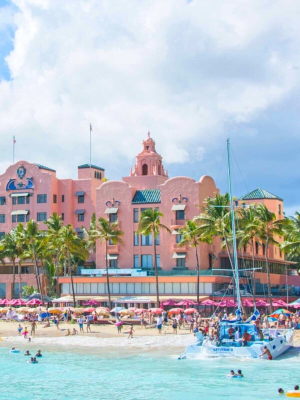 Looking at the Pink Palace of the Pacific, The Royal Hawaiian hotel.