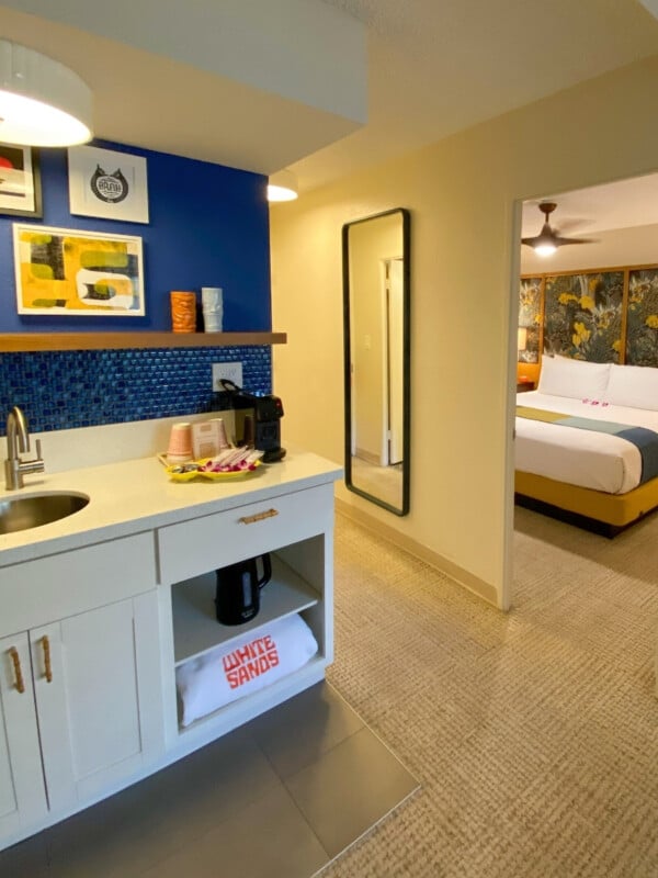 An interior shot of a room at The White Sands Hotel in Waikīkī.