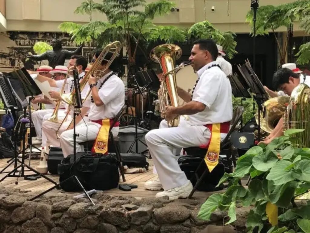 The Royal Hawaiian Band playing at the Queen's Court at the International Market Place.