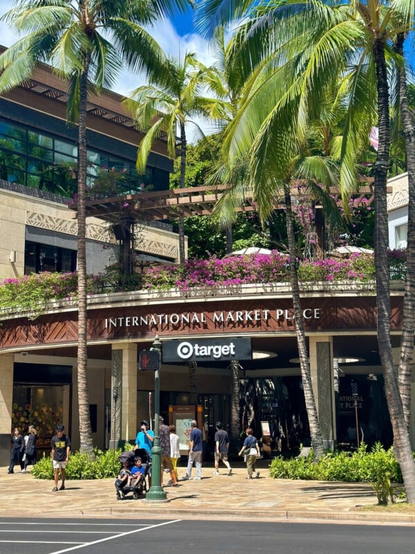 The Kalākaua Ave entrance of International Market Place in Waikīkī, a shopping center on Oʻahu.