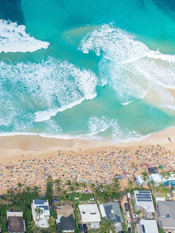 An aerial view at the Pipeline Masters surfing event on Oʻahu's North Shore.
