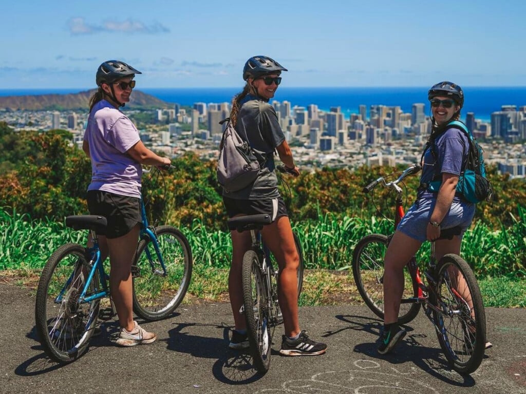 Three bikes atop Tantalus on the eBike Tour Honolulu Rainforest by Bike Hawaiʻi.