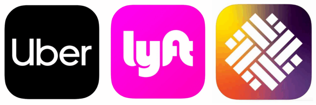 The Uber, Lyft and Holoholo rideshare app icons, all in a row.