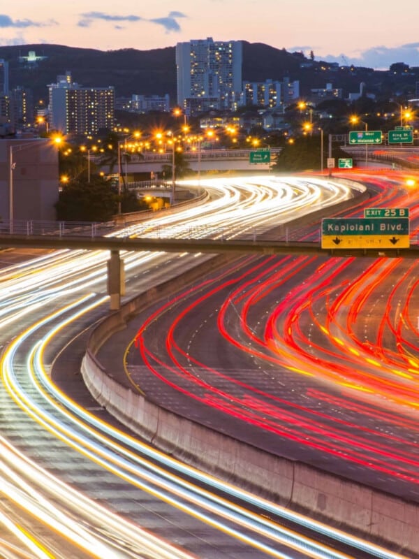 Nightime traffic on the island of Oʻahu, Hawaiʻi.