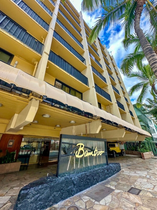 Exterior shot of the Bamboo Waikiki Hotel on Kūhiō Ave in Waikīkī