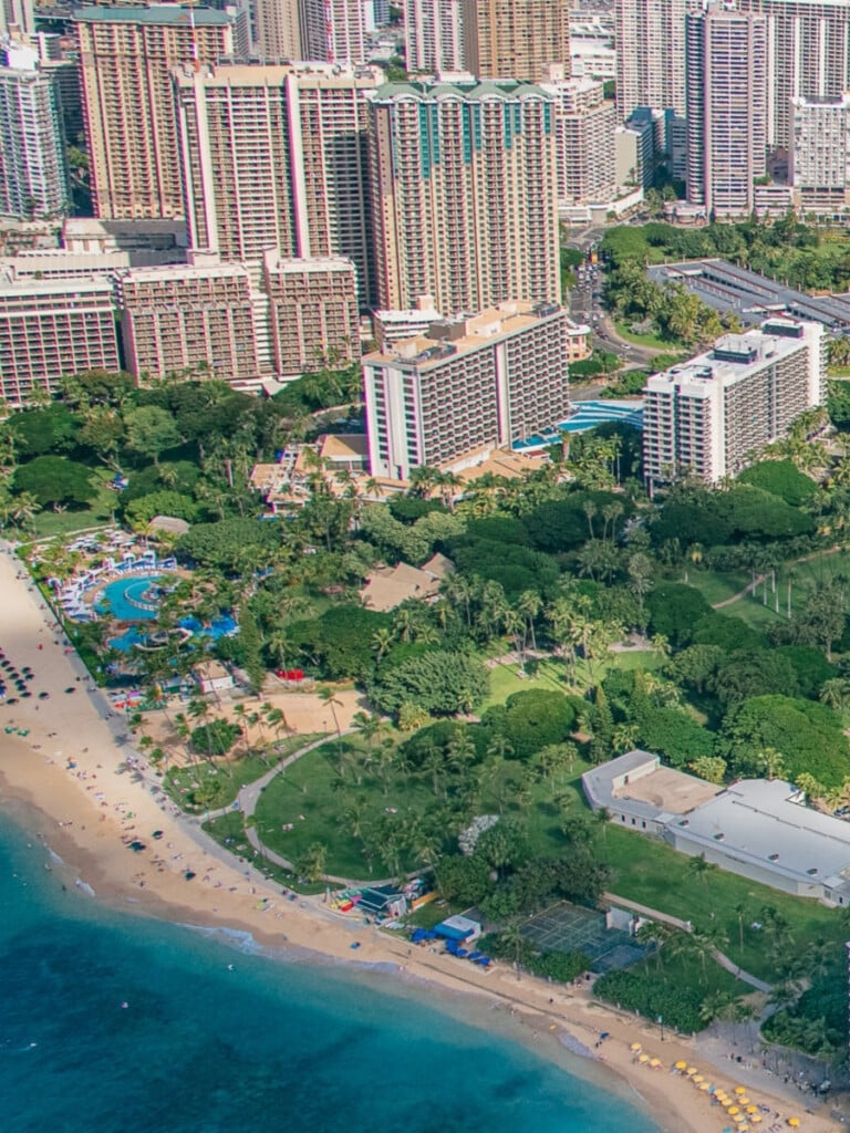 The Hale Koa Hotel (Military Hotel) resort area at Fort DeRussy Beach Park in Waikīkī