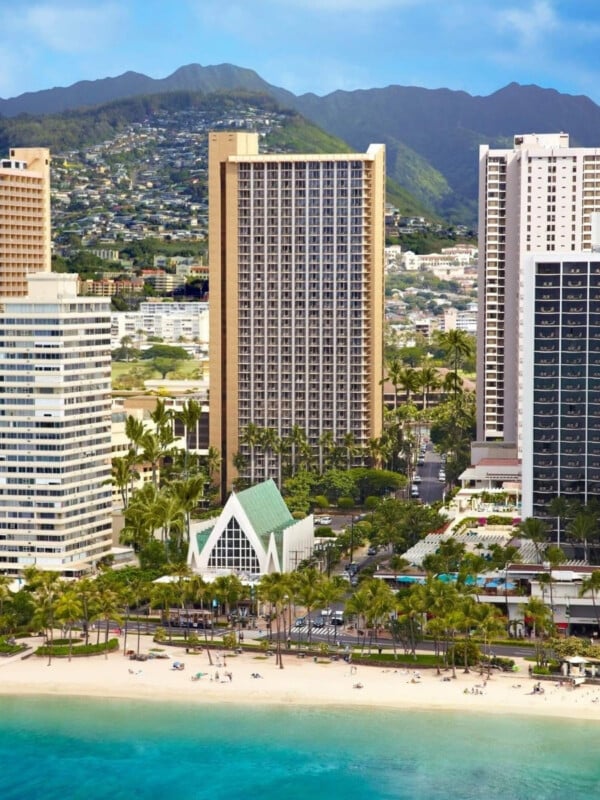 The Hilton Waikiki Beach on Kūhiō hotel building on Kūhiō Ave in Waikīkī.