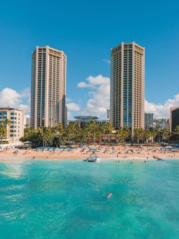 Looking towards Hyatt Regency Waikiki Beach Resort & Spa from out to sea off Waikīkī Beach
