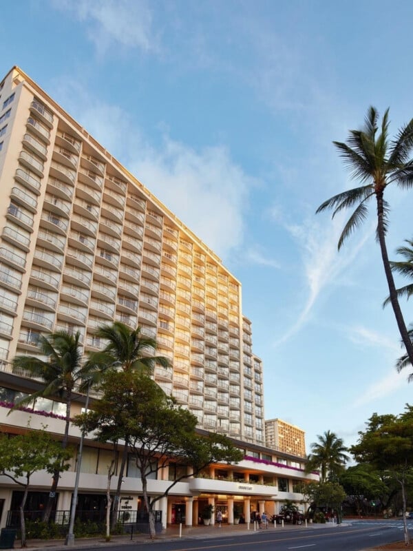The OHANA Waikiki East by OUTRIGGER hotel building at sunrise