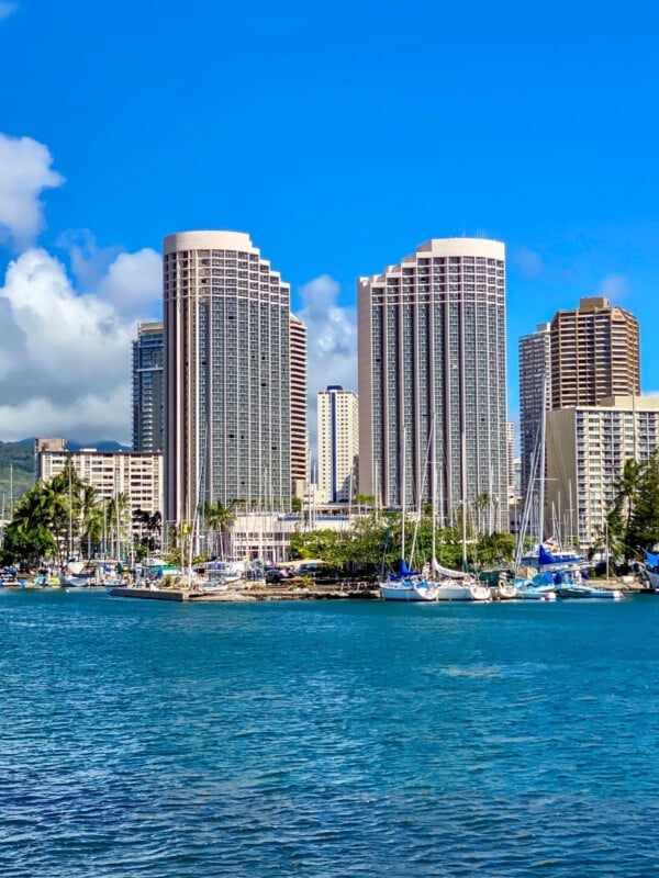 The two towers of Prince Waikiki hotel on the Ala Wai Boat Harbor