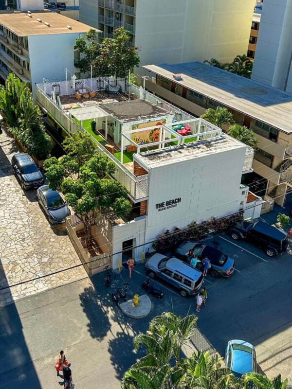 An aerial of The Beach Waikiki Boutique Hostel on Cartwright Rd in Waikīkī