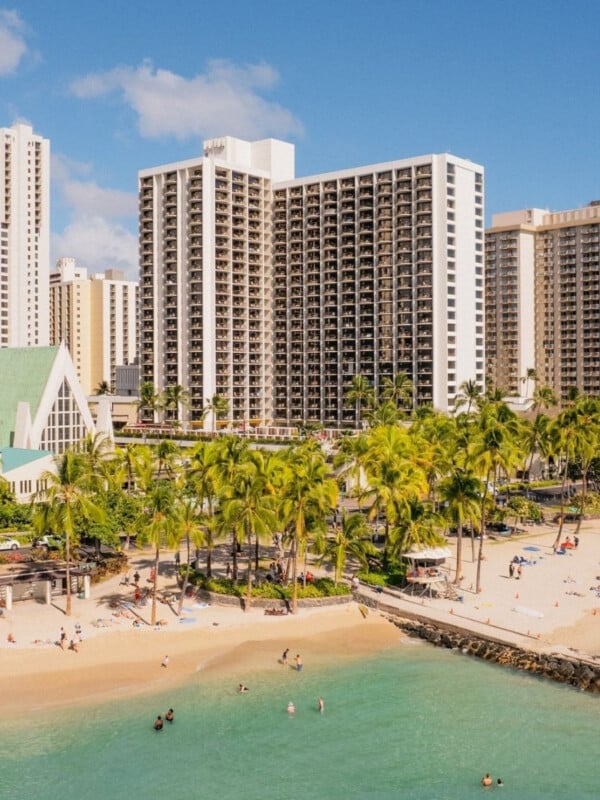 The Waikiki Beach Marriott Resort & Spa property with Waikīkī Beach in the foreground