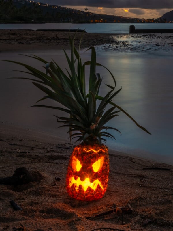 Halloween Hawaiʻi-style with a carved glowing pineapple Jack OʻLantern sitting on a tropical beach at sunrise