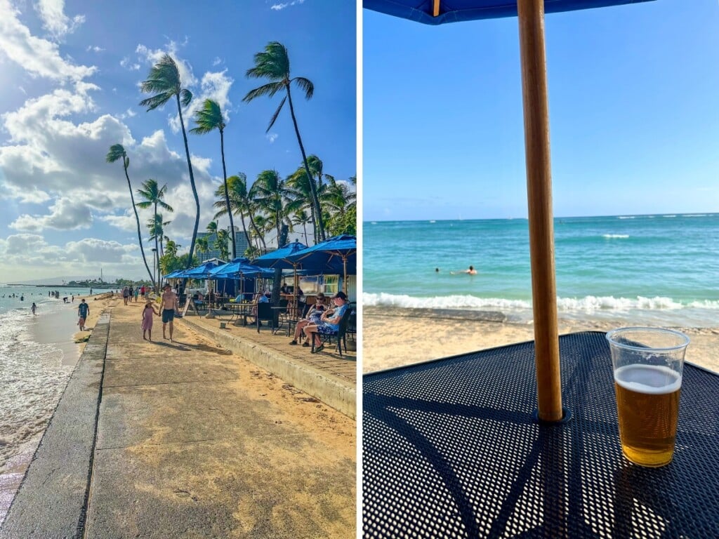 Right: Koa Oasis Booze Shack outdoor seating area by the beach with blue umbrellas and palm trees in the background. Right: Glass of beer with view of the sand and the ocean.