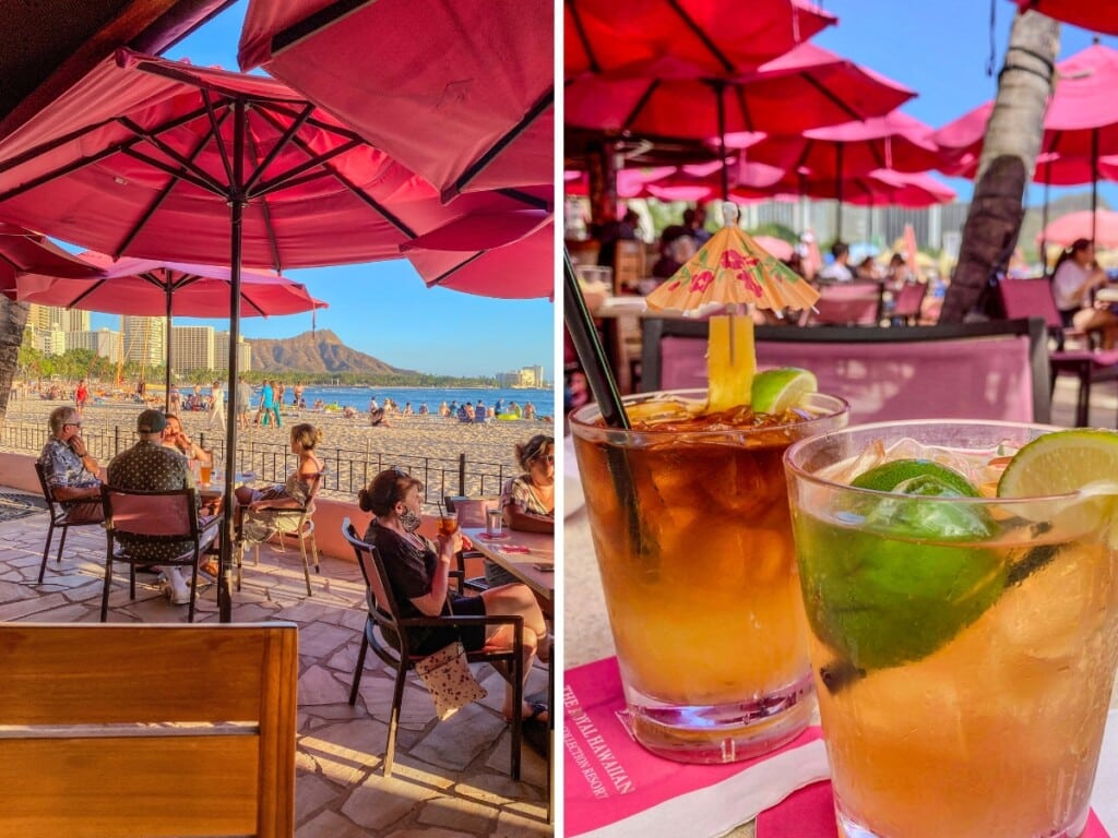 Left: Mai Tai Bar at The Royal Hawaiian outdoor seating area under pink umbrellas with a view of Waikīkī Beach and Diamond Head. Right: two tropical cocktails on the table with a view of the seating area.