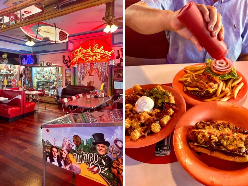 Left: Rock Island Café in, Waikīkī a retro diner filled with vibrant 1950s memorabilia. Left: Comfort food favorites like burgers, chili dogs, fries, and tater tots.