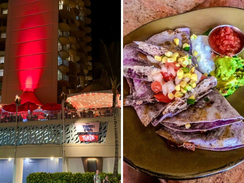 The exterior of Tiki's Grill & Bar. Left: Kalua Pig Quesadilla, served with guacamole, salsa, and sour cream, showcasing a local favorite with a fusion twist.