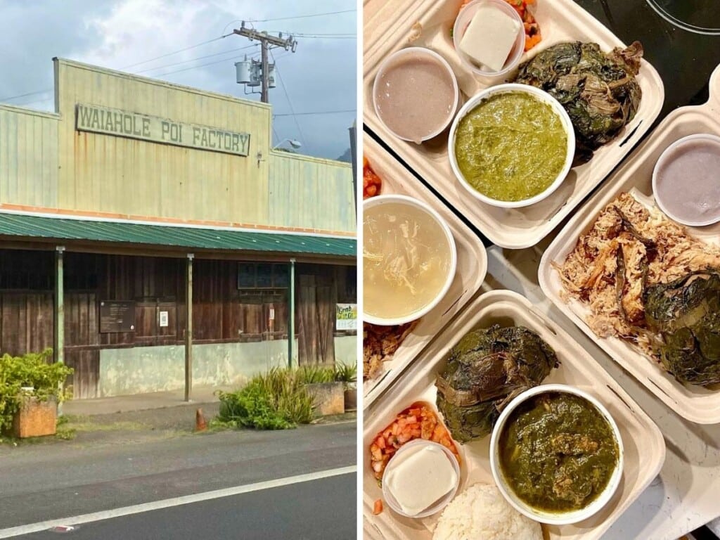 Left: Waiahole Poi Factory. Right: four Hawaiian plate lunches with poi, Kalua pork and sides.