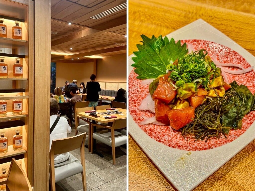 Left: Restaurant Suntory dining area. Right: Poke dish with avocado, seaweed, onions and fresh salmon.
