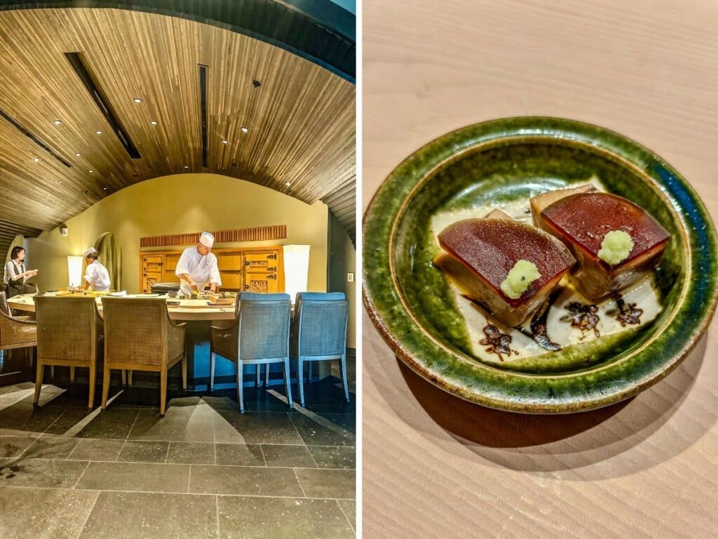 Left: Chefs preparing food in the restaurant area at Sushi Sho. Right: tuna dish on green plate