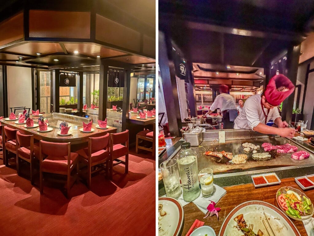 Left: The elegant and intimate dining setup at Tanaka of Tokyo in Waikīkī, showcasing a traditional teppanyaki table. Right: Guests enjoy personalized chef performances as they prepare mouthwatering seafood and steak dishes right before your eyes.