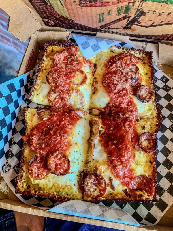 Four slices of Detroit' Pepperoni Pizza from Pizza Mamo, some of the best pizza in Honolulu.