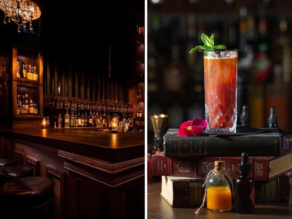 Left: Gaslamp speakeasy bar in Kailua with it's classic speak easy decor, mahogany bar area, leather benches and chandeliers. Right: Bloody Mary cocktail perched on on top of vintage leather books.