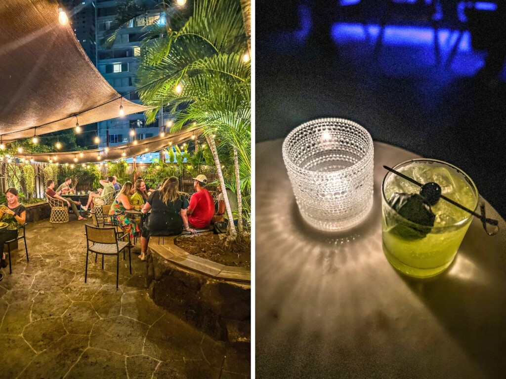 Left: Green Lady Cocktail Room outdoor area. Right: Candle and a green cocktail on a table.