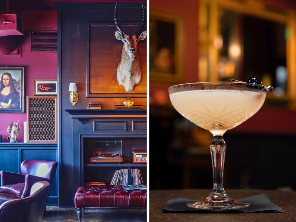 Left: Cozy, vintage-style lounge area at the Hi Brau Room, featuring leather seating, wood-paneled walls, a turntable, and a mounted antelope head. Right: Sleek bar counter at Hi Brau Room with Sour Flowers cocktail displayed on the bar.