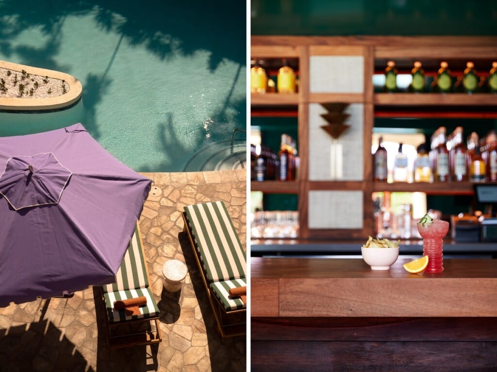 Left: At Lost + Found bar at Wayfinder Waikīkī, striped lounge chairs and a purple umbrella invite guests to unwind by the pool. Right: Inside, a tropical cocktail and snack set the scene for a laid-back island escape in Waikīkī.