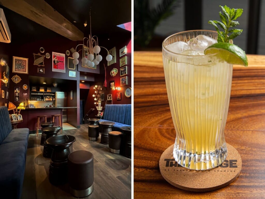 Left: The Velvet Monkey speakeasy bar in Honolulu with quirky decor, mahogany walls, blue velvet benches and intimate vibe. Right: A classic mojito cocktail.