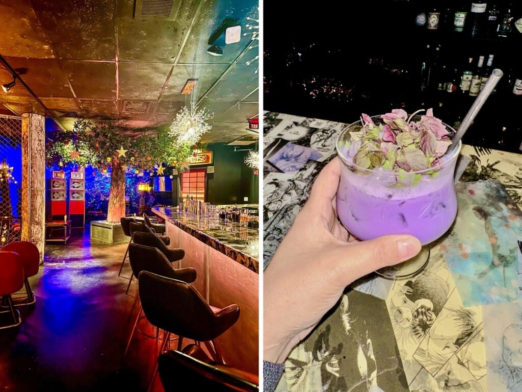Left: Interior of the Wild Orange speakeasy bar, featuring a dimly-lit ambiance with lush hanging greenery, star-shaped chandeliers and a sleek modern bar. Right: A hand holds a vibrant purple cocktail garnished with dried flowers, placed on a table with artistic designs.