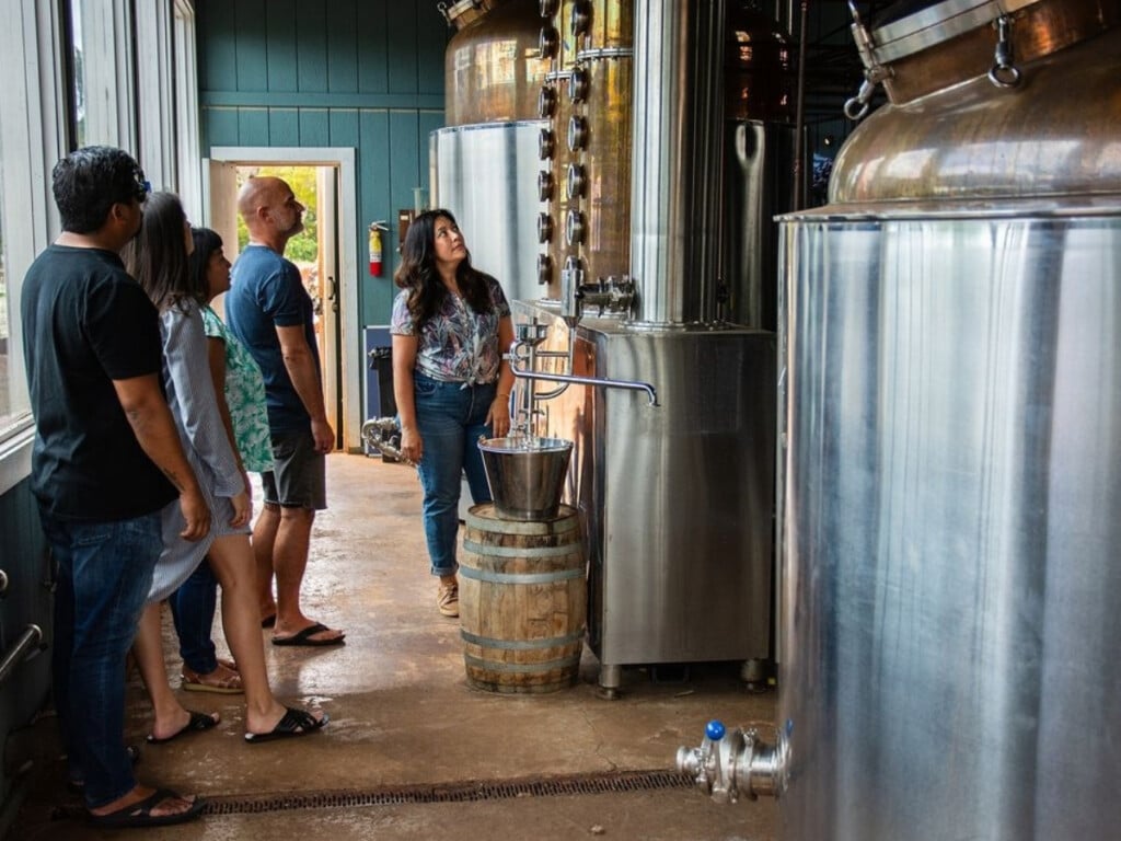 Tour guide showing a group tour around Kō Hana Distillers on Oʻahu.