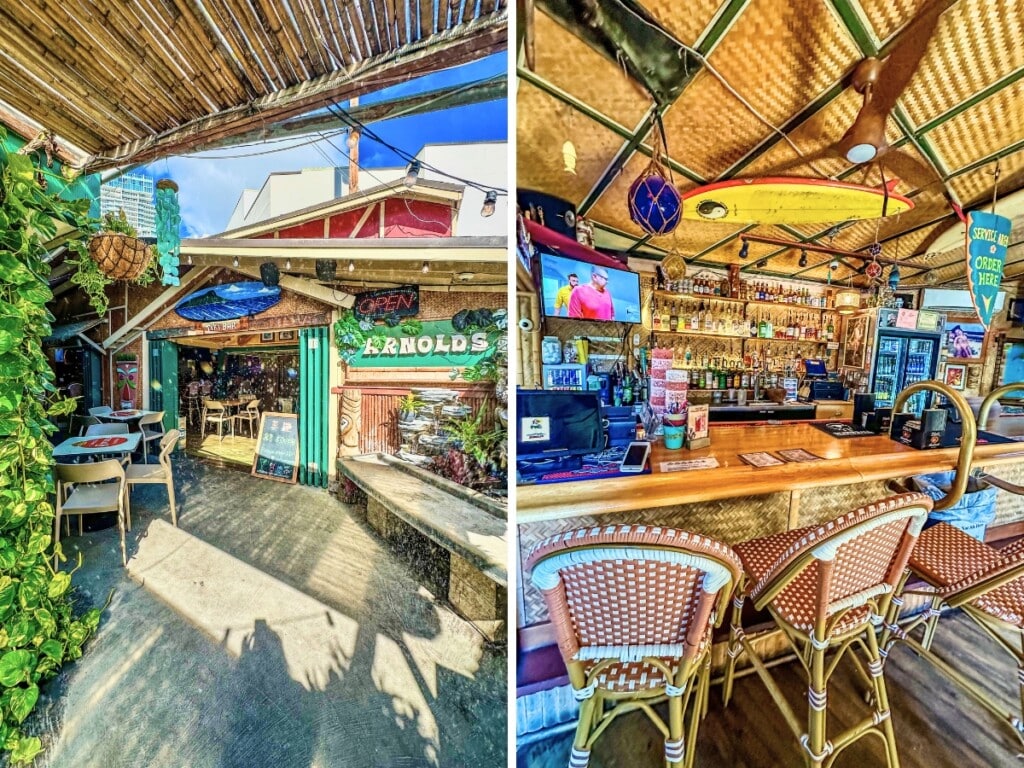 Left: Arnold's Beach bar outdoor area shaded by bamboo roof and tiki themed decor. Right: the bar at Arnold's with wicker seats, wood bartop under a bamboo roof.